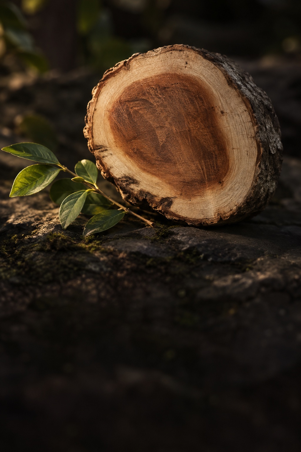 AI-generated photographic study of a wood cross-section with warm central heartwood, pale sapwood and a leaf twig; not a scientific specimen or Tilari photograph