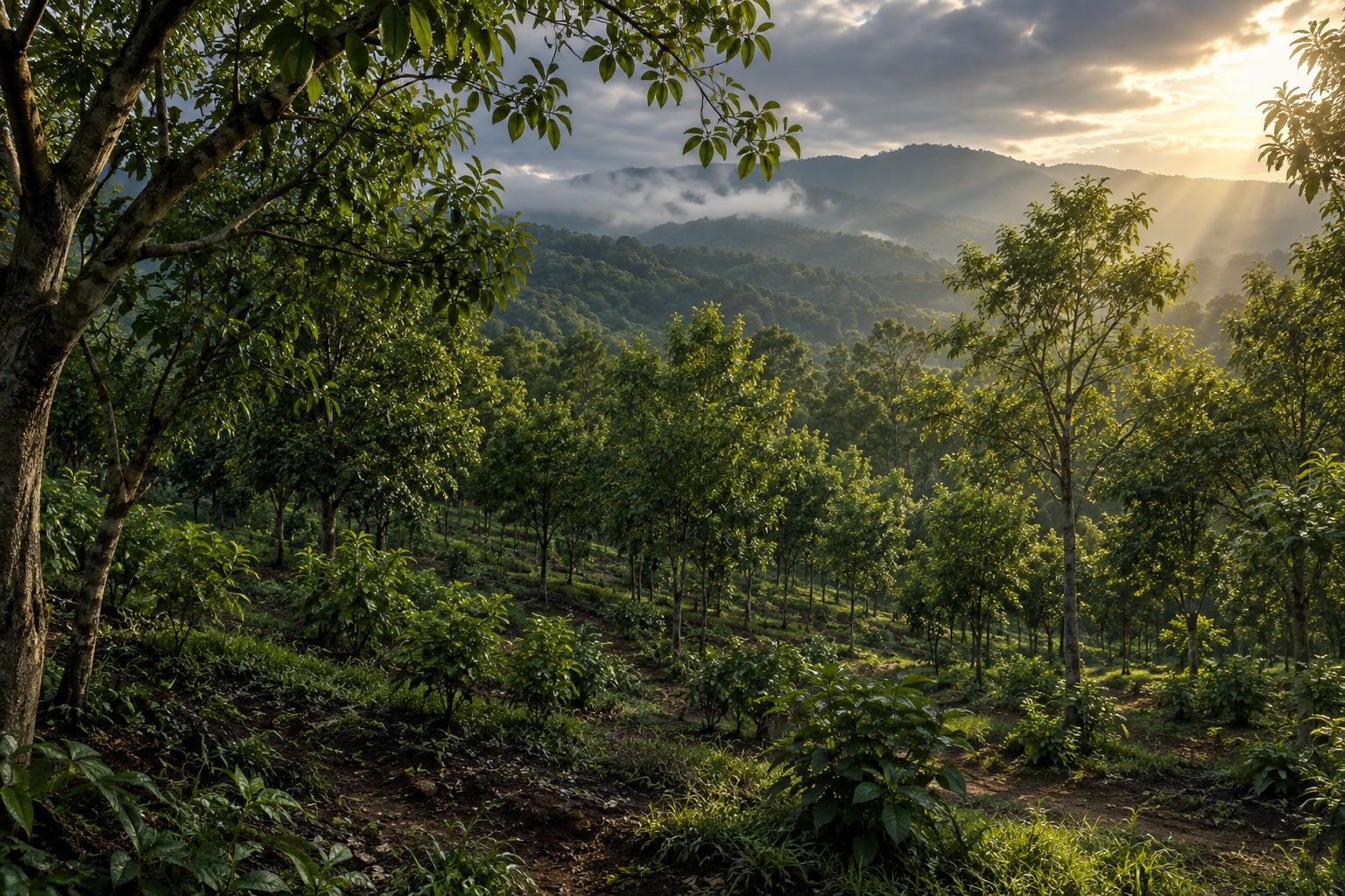 AI-generated plantation study with planted rows, foreground trees and hills in changing light; not Tilari
