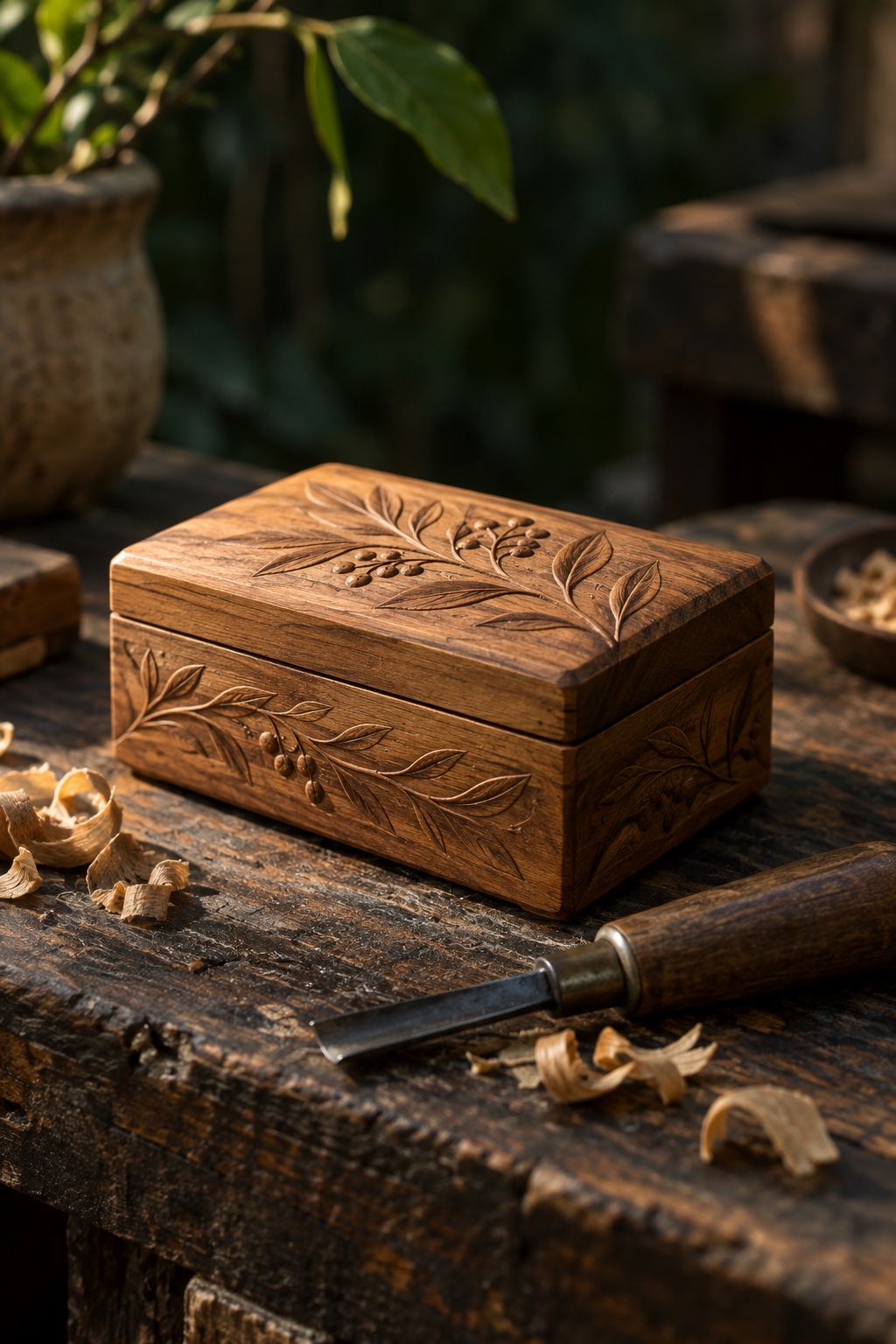 AI illustration of a carved sandalwood keepsake box and wood shavings, showing a finished craft use