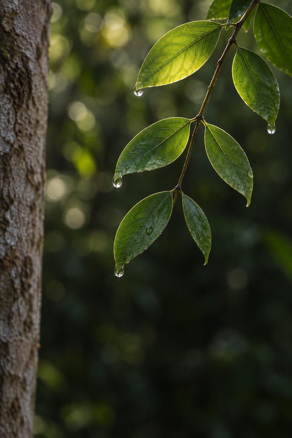 AI-generated botanical mood study of delicate rain-covered leaves in dappled light, not a species-identification photograph