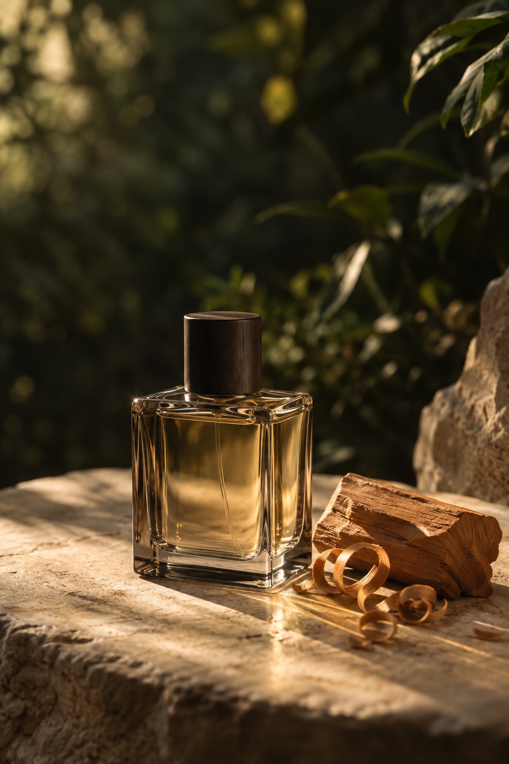 AI illustration of perfume beside aromatic wood, accompanying the explanation of fragrant sandalwood heartwood