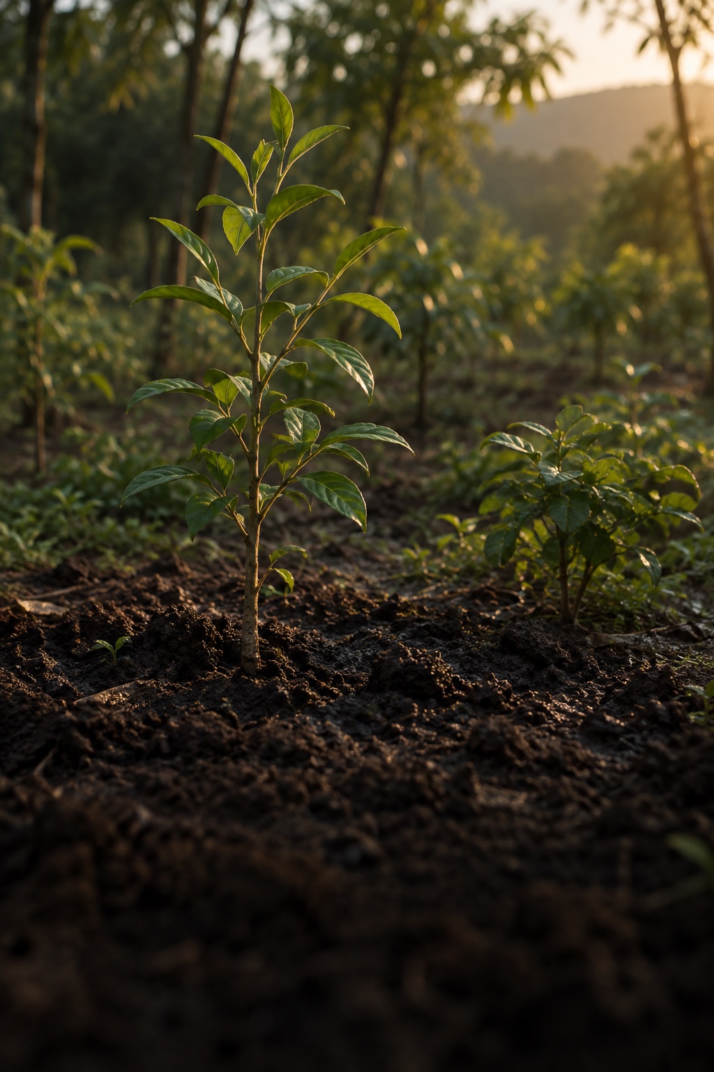 AI-generated Establish study: a newly planted small sandalwood sapling beside a companion host; not Tilari or a predicted growth record.